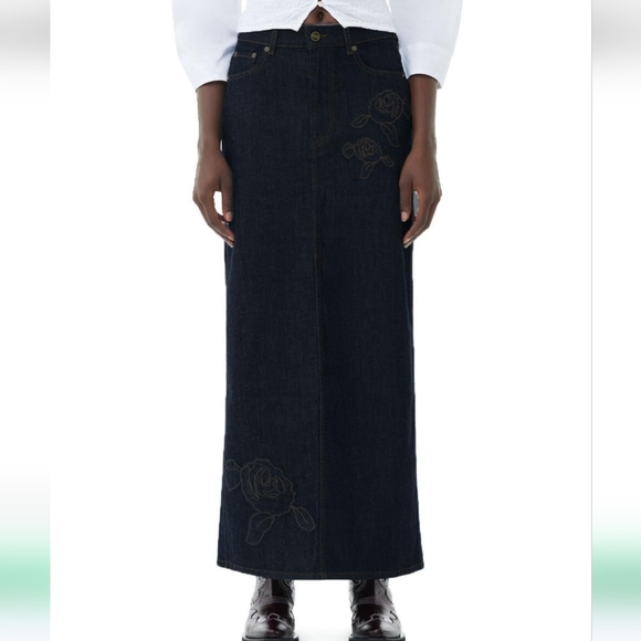 Black Denim Maxi Skirt with Floral Embroidery - Picture 1 of 16